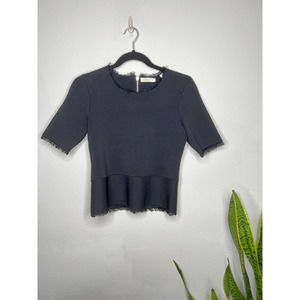 A.L.C. Black Knit Bodycon Eyelash Fringe Peplum Blouse Small